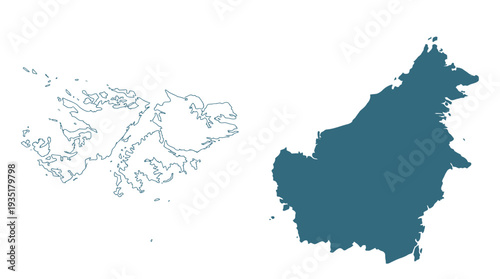 Falkland Islands (Malvinas) Outline and Borneo Island Solid Blue Map Vector Set on White Background