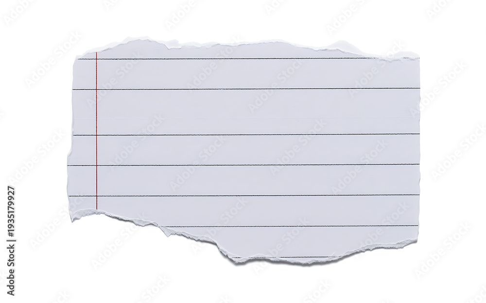 Fototapeta premium Single piece of torn lined paper featuring a red margin line, isolated against a clean white background.