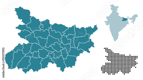 Administrative Map of Bihar State, India, with Districts Outlined and National Location Highlighted