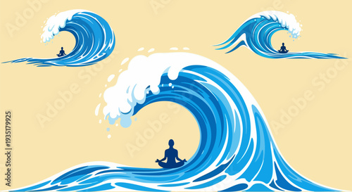Set of 3 Blue Ocean Wave and Meditating Person Vector Illustrations