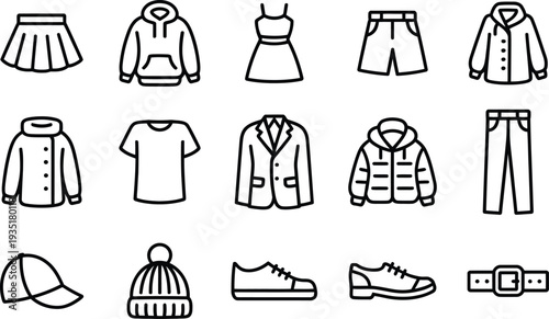 Collection of various clothing and accessories icons in line art style