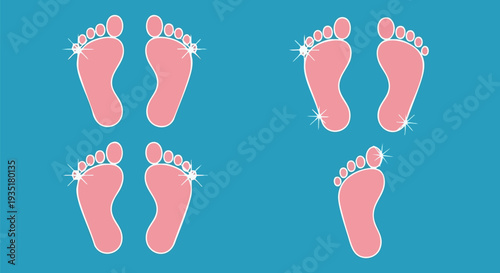 Set of 4 Pink Footprints Vector Icons with Sparkles
