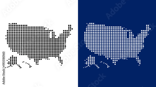 Dotted USA Map Vector Illustration: Modern Digital Representation of the United States, Alaska, and Hawaii in Black on White and White on Blue