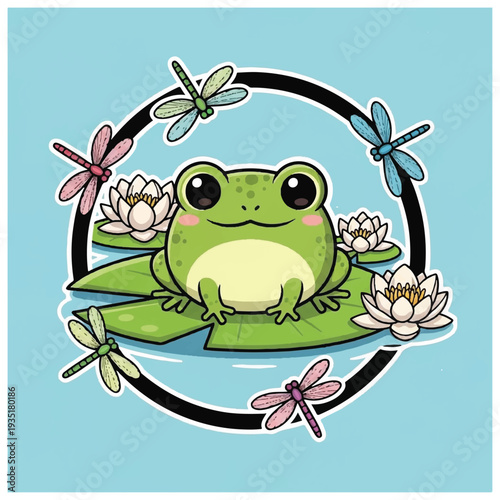 Cartoon Frog Surrounded by Dragonflies and Water Lilies.