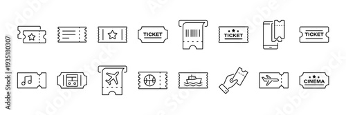 Ticket icon collection. Transportation, concert, cinema ticket icons. Vector illustration