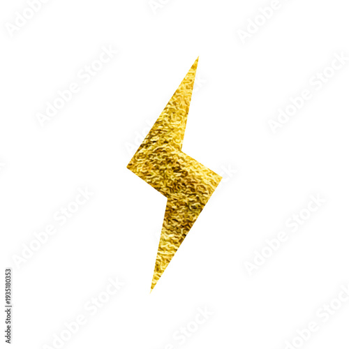 Golden lightning bolt icon. Gold foil texture. Flash symbol, thunderbolt. Simple lightning strike sign. Vector illustration