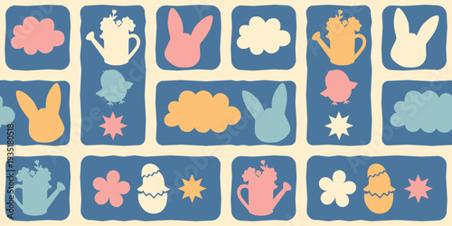 Seamless wide playful spring pattern with childish Easter icons in tile layout. Modern baby holiday background ideal for nursery prints and fabric design.
