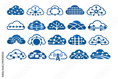 Collection of weather icon illustrations depicting various cloud formations and meteorological phenomena in a simple blue design