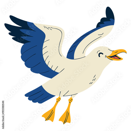 Flying seagull bird animal nature wildlife vector illustration in flat color template design suitable for seaside travel promotion and coastal wildlife concepts