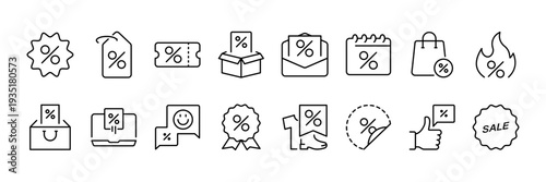 Discount icon set collection. Line discount icons, promotion icons. Vector illustrations.