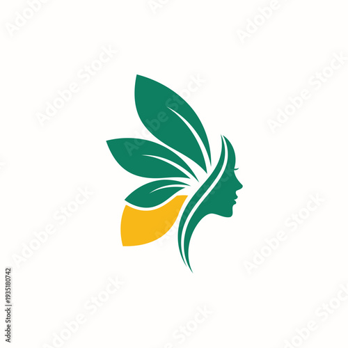 Eco Beauty Logo With Female Profile and Leaf Hair Symbol for Natural Brands.
