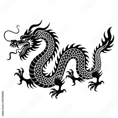 Chinese dragon mythical illustration monochrome style artwork featuring legendary creature symbol, traditional asian mythology design and fantasy graphic element