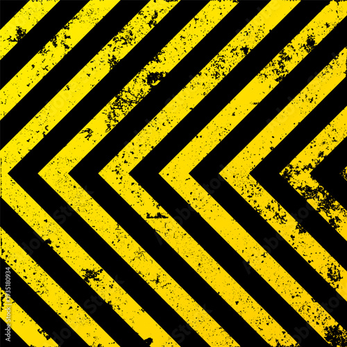 Warning sign with yellow and black diagonal lines. Attention, danger or caution symbol. Construction site signage, road safety notice, hazard banner, security alert shield. Vector illustration