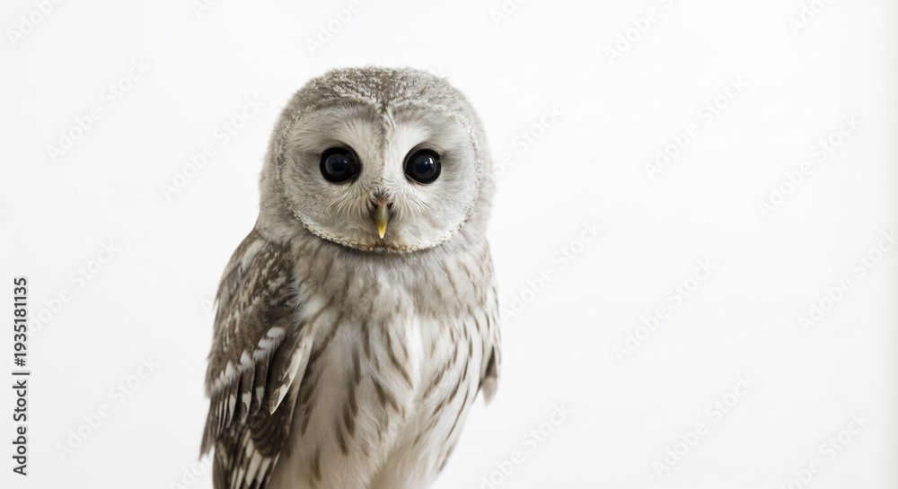 Fototapeta premium Cute curious owl with striking black eyes and soft grey feathers captured brightly against an isolated white studio background. AI Generated