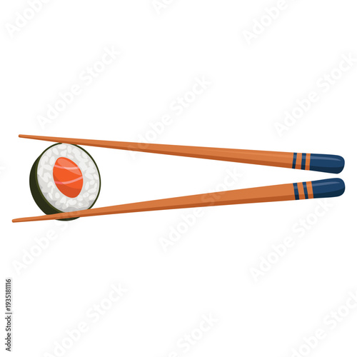 Chopsticks with sushi piece roll sushi utensil Asian seafood vector isolated on white background for restaurant and cuisine design