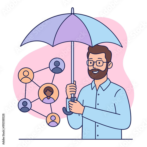 Man holding umbrella protects connected people network