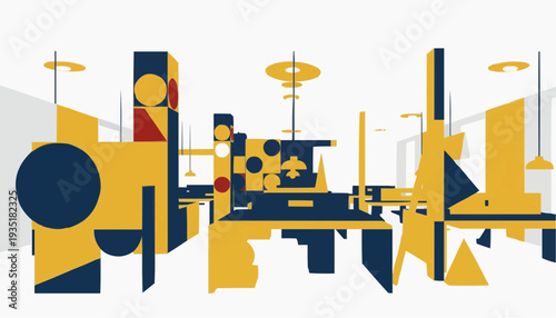 Modern office interior with abstract geometric shapes