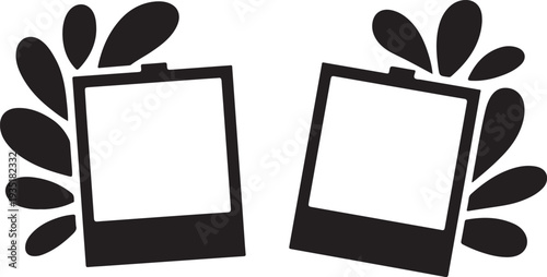Two instant film frames with leaf designs on white background for photo editing  blank polaroid pictures with floral elements