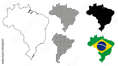 Brazil Map Collection: Outline, Silhouette, Dotted, and Flag - South America Geography Graphics