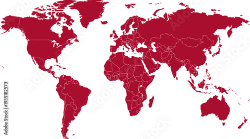 Red Political World Map with Country Borders - Global Geography, International Business, Travel, and Connectivity