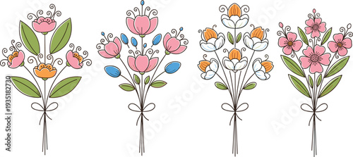Hand drawn set of four floral bouquets with pink and orange flowers in blue outline style for spring greeting card design