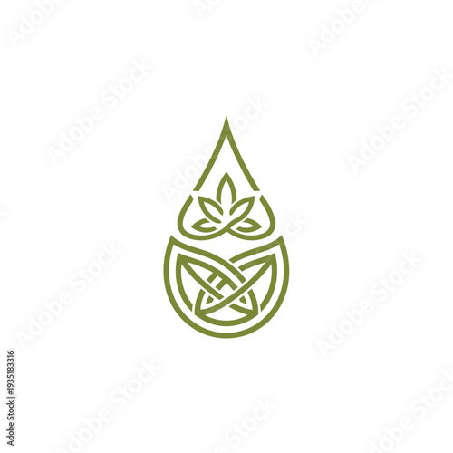 Green Eco Water Drop Logo With Cannabis Knot and Leaf Motif for Organic Wellness Branding.