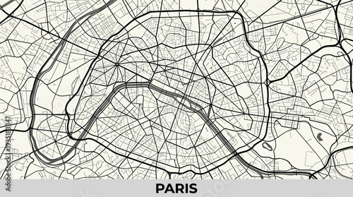Paris City Map Vector Art: Minimalist Black & White Street Network, France Urban Planning, and Seine River Outline