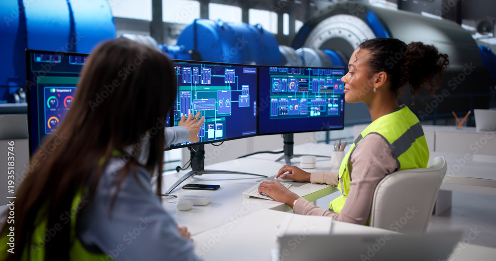 Fototapeta premium Black American Woman Using Automated Industrial System