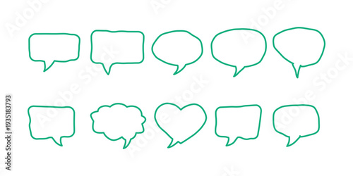 A collection of hand drawn teal speech bubbles and thought balloons arranged in two rows