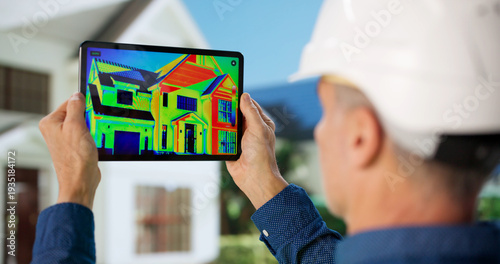 Quadro em tela Man Using Infrared Camera Outside House To Detect Thermal Insulation