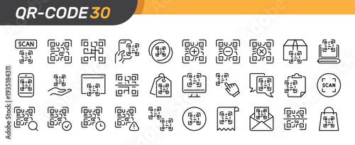 QR-code icons set. Scan, scanning sign. Identifier symbol. Linear black icon collection. Flat vector design. Editable stroke. For apps, website, business, infographic, etc.