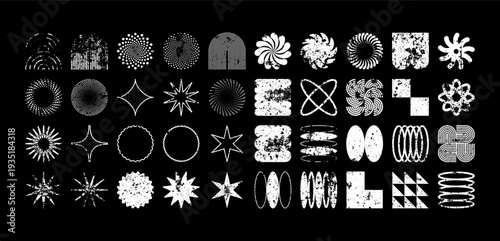 Brutalist geometric shapes, modern grunge symbols. Simple primitive elements and forms, distressed details. Retro design, aged, vintage, trendy contemporary minimalist style, y2k. Vector illustration