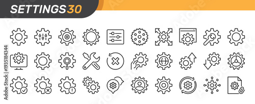 Settings icons set. Gear wheel, cogwheel sign. Setting, configuration, option, setup symbol. Linear icon collection. Flat vector design. Editable stroke. For apps, website, business, infographic, etc.