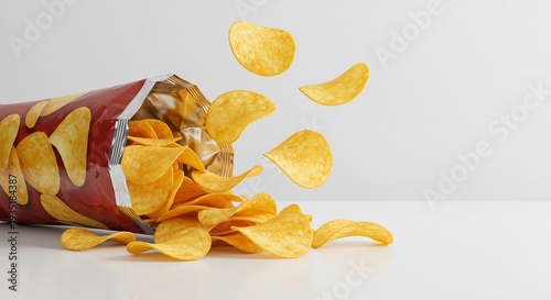 Crisp golden potato chips burst from an open red snack bag dynamically scattered on a clean bright surface.. AI Generated