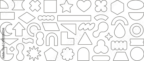 Minimalist geometric shapes, linear basic figures. Abstract basic form, simple star, square, triangle and circle figure,  geometry line shape, contemporary outline graphic design elements vector set