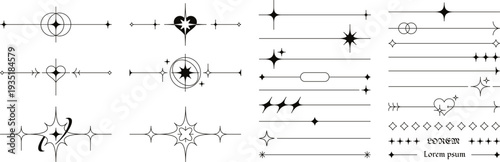 Decorative sparkle star dividers, minimalist line borders with magical sparkles. Simple esoteric aesthetic divider with heart and twinkle star symbols, celestial border decor elements vector set