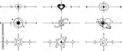 Decorative sparkle star dividers, line borders with magical sparkles. Abstract esoteric aesthetic divider with heart and twinkle star symbols, celestial border decor elements vector set