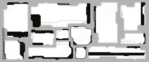 Cyberpunk decal templates, retro futuristic stickers or badges. Minimalist high tech labels, sci-fi style HUD frames or callouts, modern cyber aesthetic user interface notification panels vector set