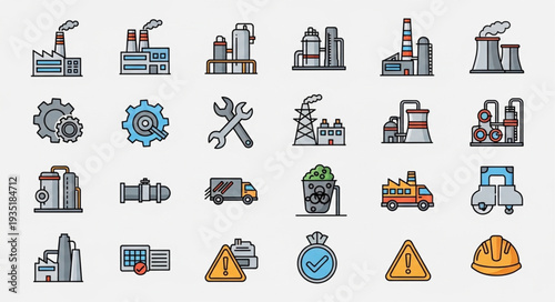 Collection of Industrial Icons and Symbols for Manufacturing and Production.