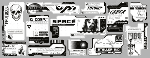 Cyberpunk decals, retro futuristic stickers with pixelated elements. Sci-fi style HUD frames, minimalist high tech labels, modern cyber aesthetic user interface elements vector set