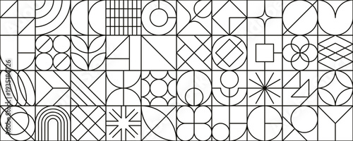 Modern geometric background with linear shapes and abstract graphic elements. Retro style banner with bold line forms, contemporary style monochrome vector seamless pattern
