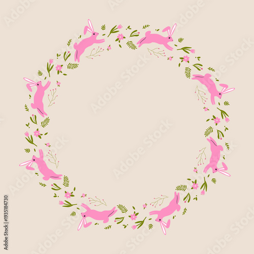 Frame with floral elements and a bunny for Easter. Decorative element. Vector illustration