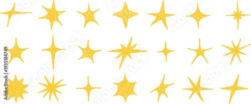 Hand drawn stars doodles, twinkle star shape crayon scribbles. Grunge pencil texture sparkles sketches, chalk sparkle kids drawings, cute yellow starburst doodle vector set