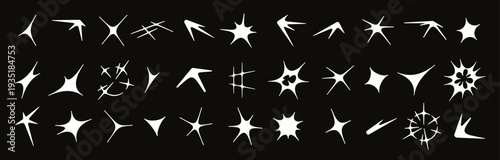 Abstract acid flare, sun glare effect, sunbeam, deformed star shapes. Modern cybersigilism style shapes, comet tail, cosmic glitter sparkles, retro futuristic streetwear glint elements vector set