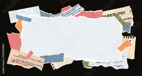 Сollage banner with paper scraps, old newspaper clipping and ripped notebook pages. Crumpled paper scrap with tape, vintage letter shreds, torn memo note sheets, scrapbook vector background template
