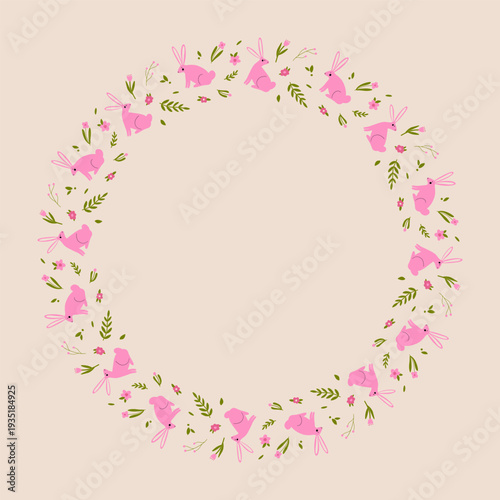 Decorative round frame with floral elements and rabbits. Vector illustration