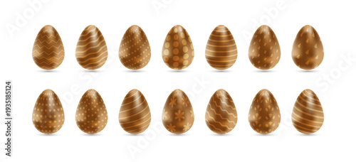 Chocolate Easter eggs set with pattern. Realistic 3D brown decoration elements. Vector illustration for greeting card, invitation, poster, banner, web, social media.
