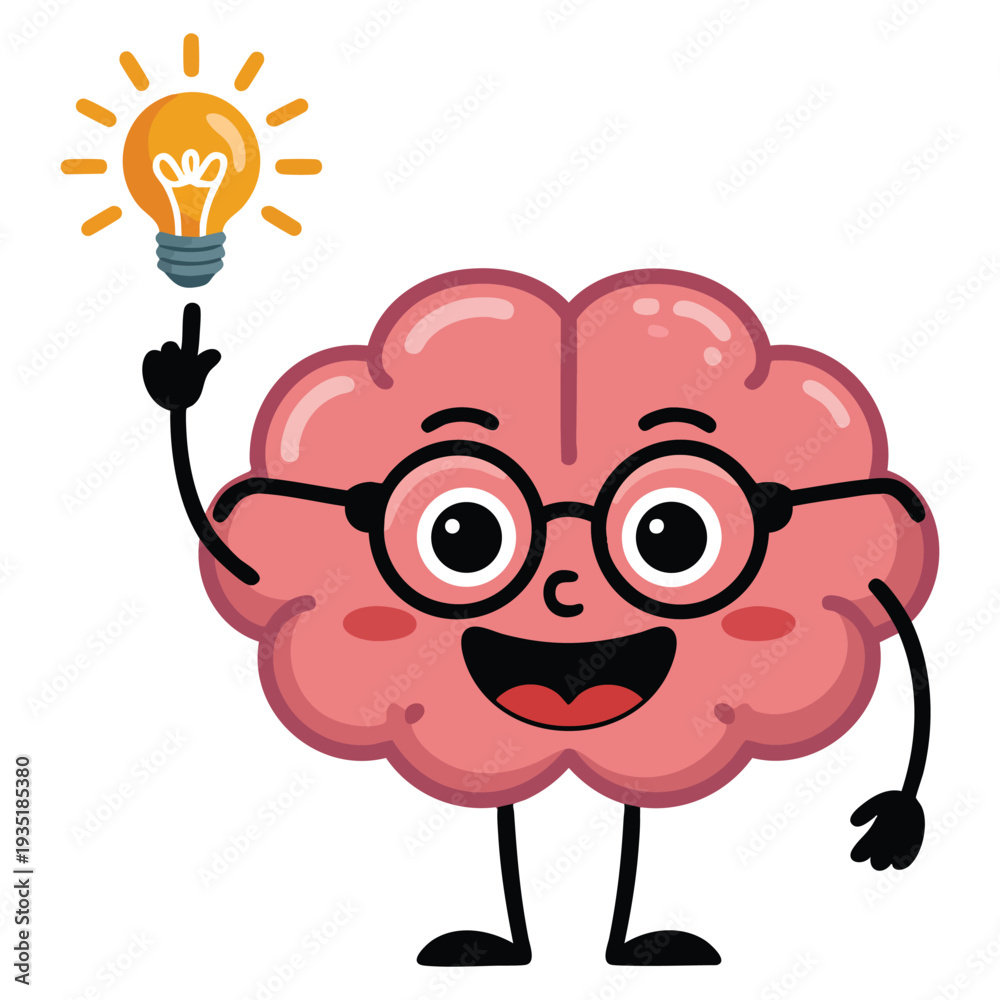 custom made wallpaper toronto digitalCute smart brain character with inspiration idea, funny brain cartoon emoticon in flat style, encephalon emoji vector illustration for education themes