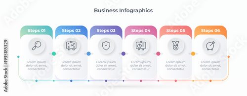 Horizontal business process infographic with 6 gradient steps. Timeline modern infographic illustration. Ideal for business presentations, reports, workflow diagrams, project planning