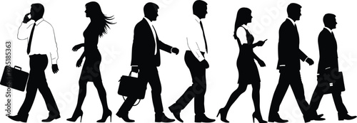 Business people walking silhouettes set featuring professional men and women carrying briefcases talking on phones and commuting to office work
